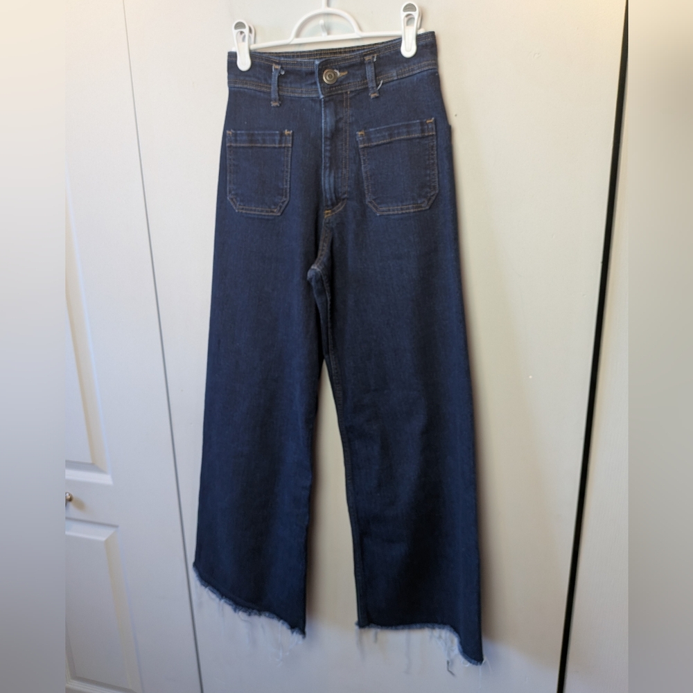 ZARA Wide Leg Flare Jeans Size 2 Dark Blue Sailor Style High Rise 99% Cotton - Picture 1 of 11